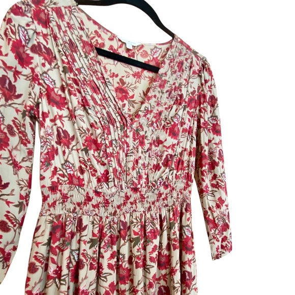 Lucky Brand Midi Flowy Floral V Neck Dress Small Boho Long Sleeves Green Red - Picture 1 of 6